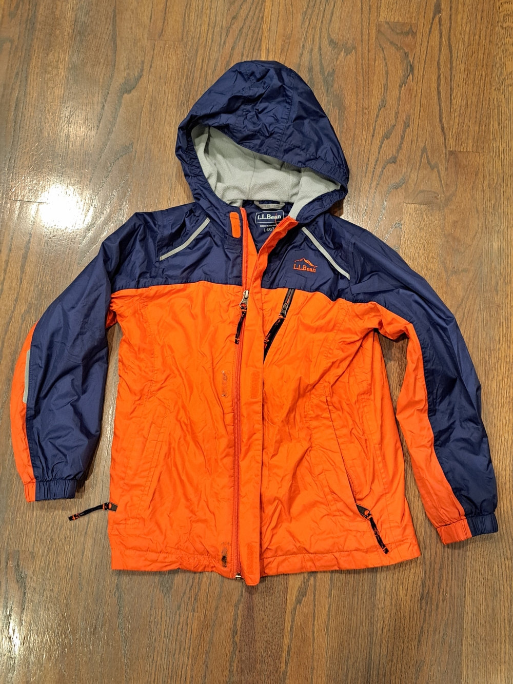 L.L. Bean Kids' Lined Hooded Two-Tone Rain Jacket in Orange and Navy